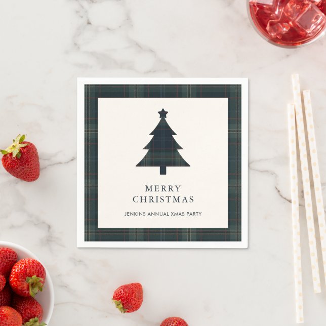 Elegant Navy Blue and Green Plaid Christmas Tree Napkins (Insitu)
