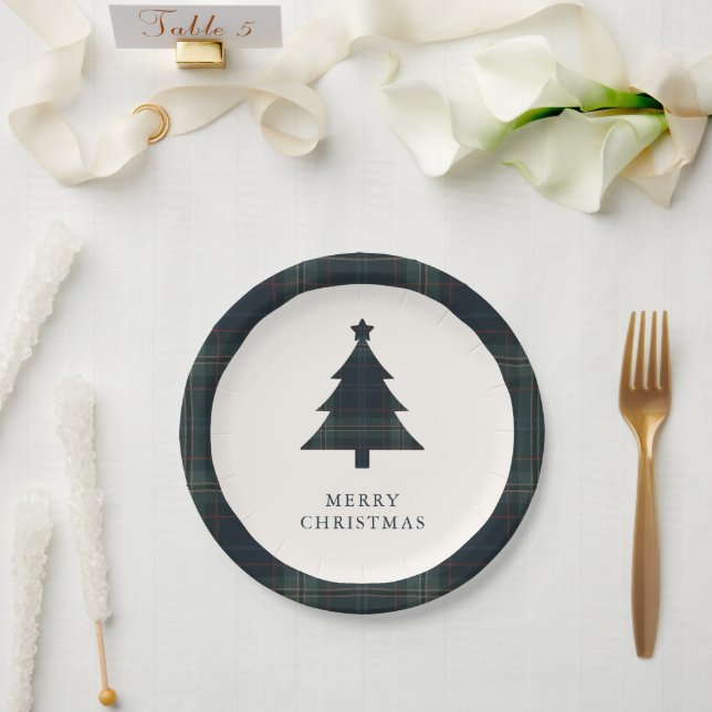 Elegant Navy Blue and Green Plaid Christmas Tree Paper Plates (Wedding)