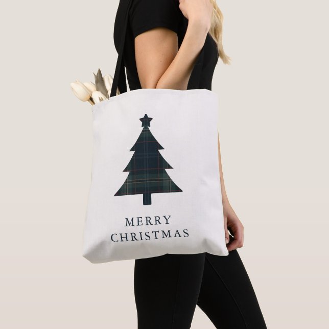 Elegant Navy Blue and Green Plaid Christmas Tree Tote Bag (Close Up)