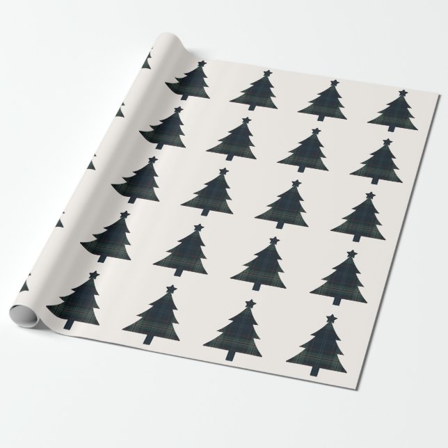 Elegant Navy Blue and Green Plaid Christmas Tree Wrapping Paper (Unrolled)