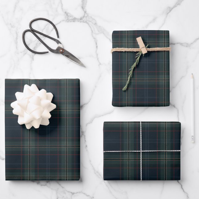 Elegant Navy Blue and Green Plaid Christmas Wrapping Paper Sheets (Front)