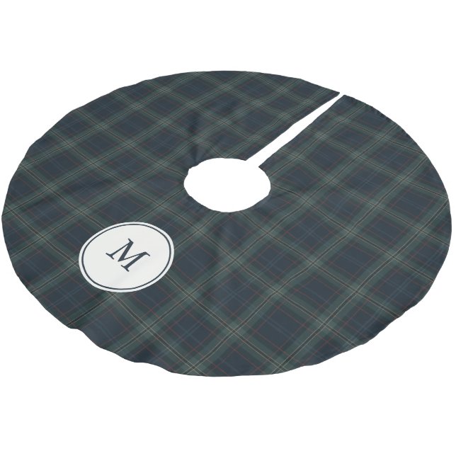 Elegant Navy Blue and Green Plaid Monogram Brushed Polyester Tree Skirt (Angled)