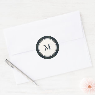 Elegant Navy Blue and Green Plaid Monogram Classic Round Sticker