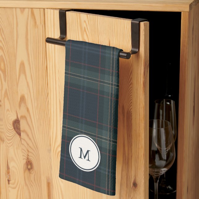 Elegant Navy Blue and Green Plaid Monogram Kitchen Towel (Thirds Fold)