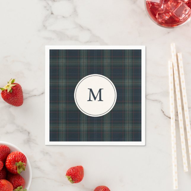 Elegant Navy Blue and Green Plaid Monogram Napkins (Insitu)