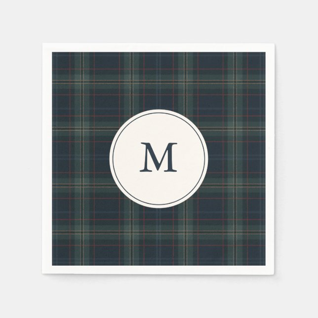 Elegant Navy Blue and Green Plaid Monogram Napkins (Front)