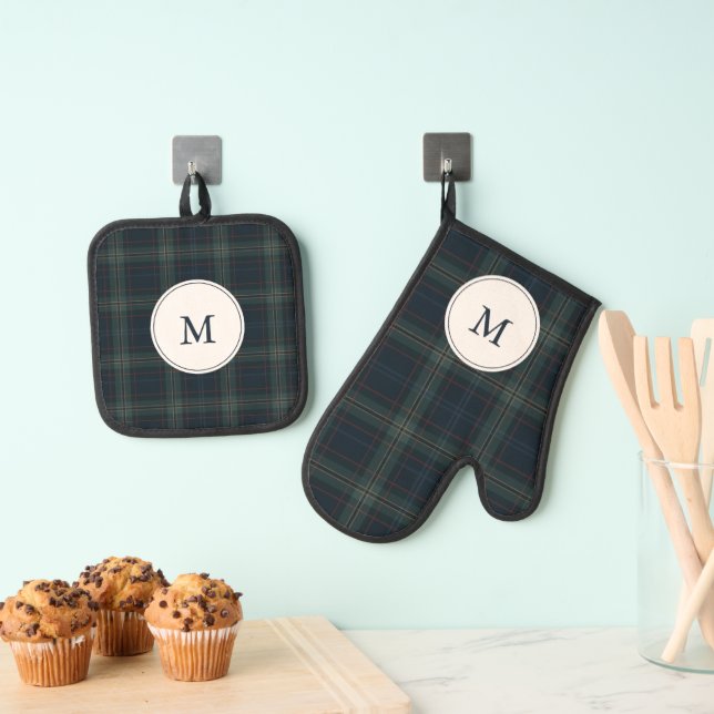 Elegant Navy Blue and Green Plaid Monogram Oven Mitt & Pot Holder Set (Insitu(Hanging))