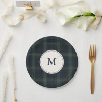 Elegant Navy Blue and Green Plaid Monogram