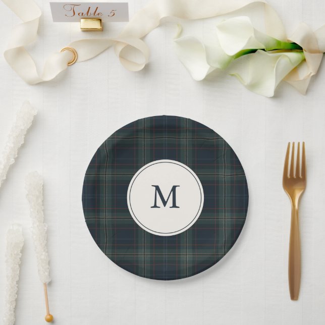 Elegant Navy Blue and Green Plaid Monogram Paper Plates (Wedding)