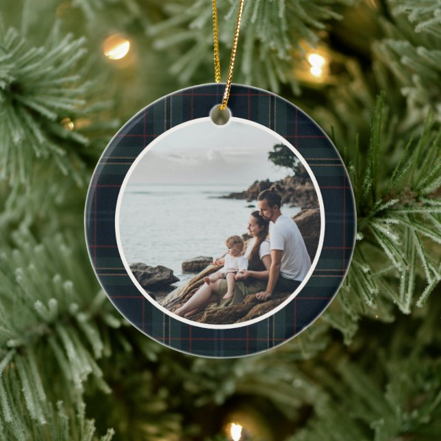 Elegant Navy Blue and Green Plaid Photo Christmas Ceramic Ornament (Tree)