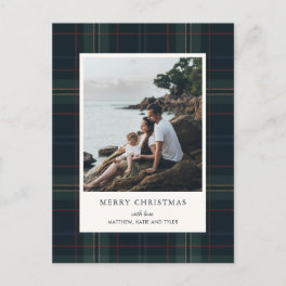 Elegant Navy Blue and Green Plaid Photo Christmas Holiday Postcard