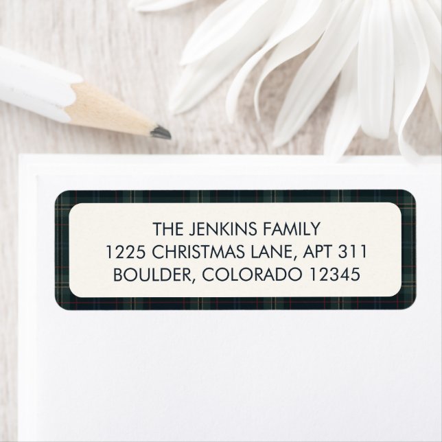 Elegant Navy Blue and Green Plaid Return Address Label (Insitu)