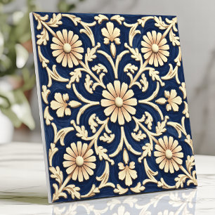Elegant Navy Blue and Ivory Daisy Ceramic Tile