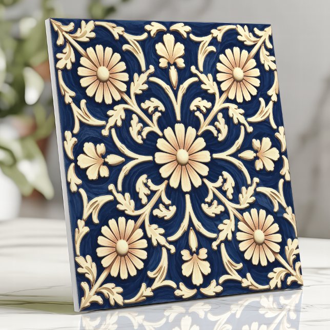 Elegant Navy Blue and Ivory Daisy  Ceramic Tile (Creator Uploaded)