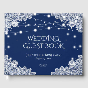 Elegant Navy Blue and Lace Wedding Guest Book