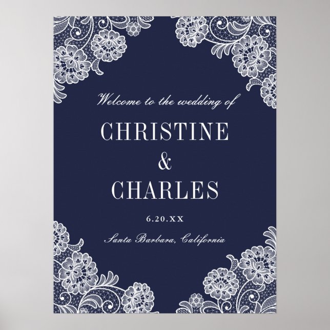 Elegant Navy Blue and Lace | Wedding Welcome Sign (Front)