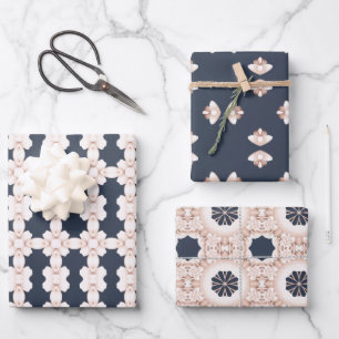 Elegant Navy Blue and Light Pink Floral Pattern Wrapping Paper Sheets