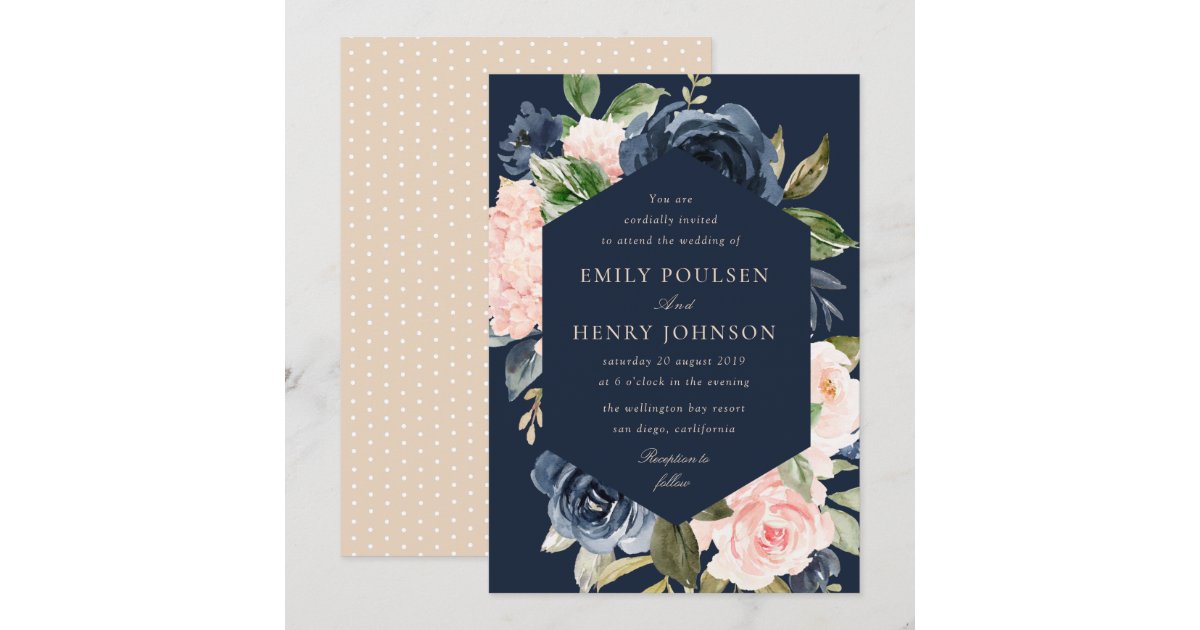 elegant navy blue and pink blush blooms wedding invitation | Zazzle