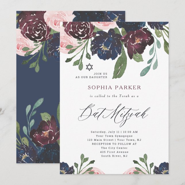 Elegant Navy Blue and Plum Floral | Bat Mitzvah Invitation (Front/Back)