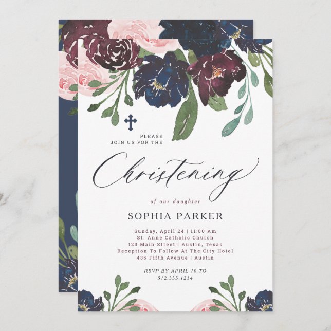 Elegant Navy Blue and Plum Floral | Christening Invitation (Front/Back)