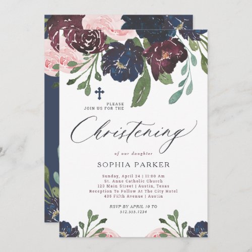 Elegant Navy Blue and Plum Floral  Christening Invitation