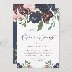Elegant Navy Blue and Plum Floral Retirement Party Invitation