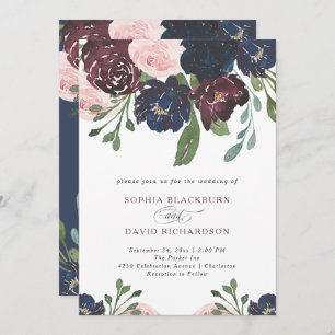 Elegant Navy Blue and Plum Floral Wedding Invitation