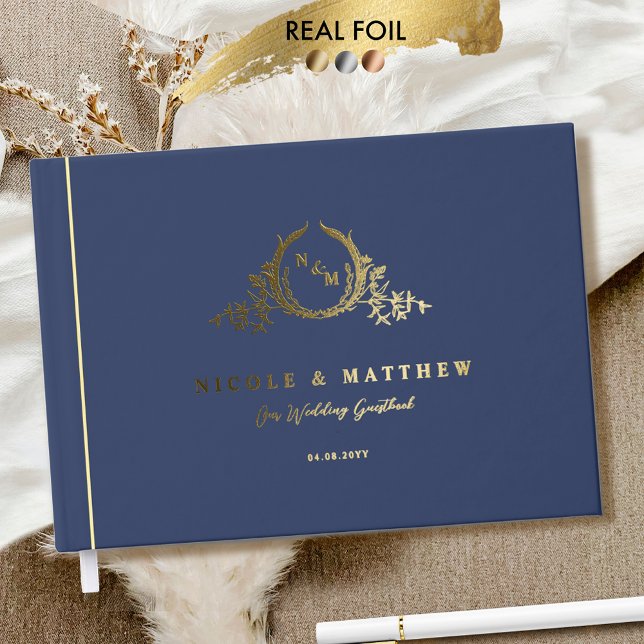 Elegant Navy Blue and Real Foil Monogram Wedding Foil Guest Book (Creator Uploaded)