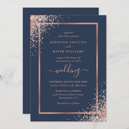 Elegant Navy Blue and Rose Gold Glitter Wedding Invitation | Zazzle