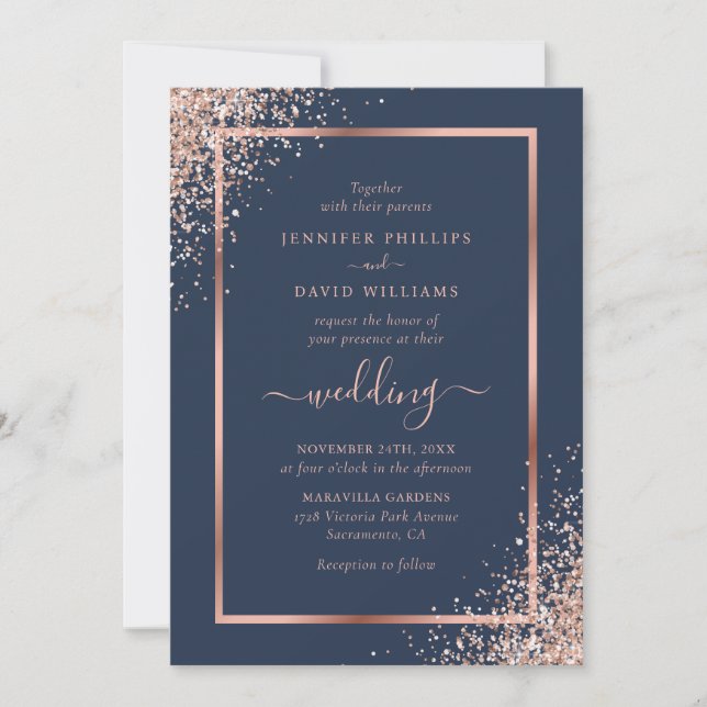 Elegant Navy Blue and Rose Gold Glitter Wedding Invitation (Front)