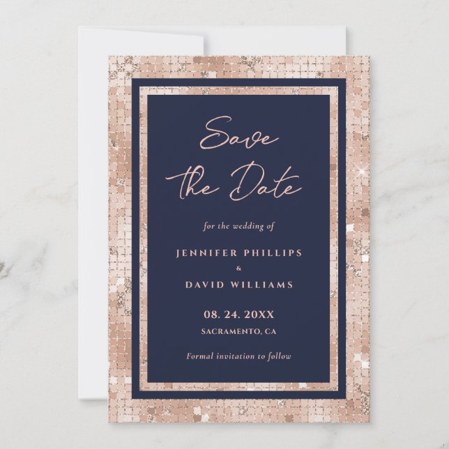 Elegant Navy Blue and Rose Gold Glitter Wedding Save The Date (Front)