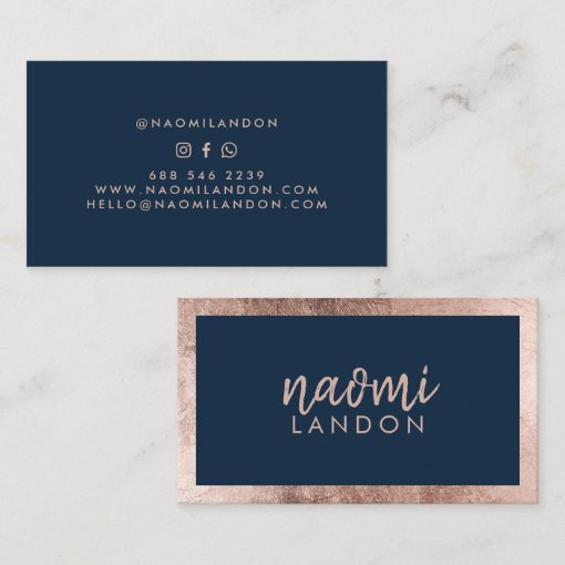 Elegant navy blue and rose gold modern minimalist business card | Zazzle