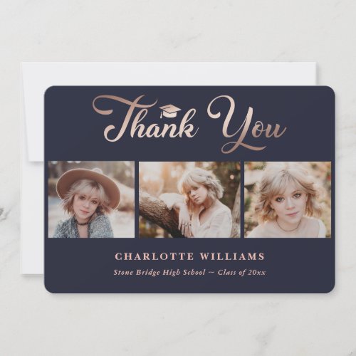 Elegant Navy Blue and Rose Gold Photo Graduation Thank You Card