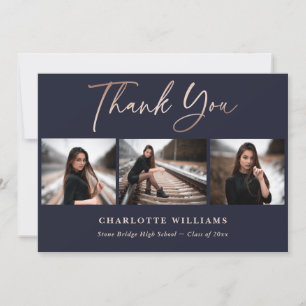 Elegant Navy Blue and Rose Gold Photo Graduation Thank You Card