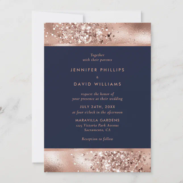 Elegant Navy Blue and Rose Gold Wedding Invitation | Zazzle