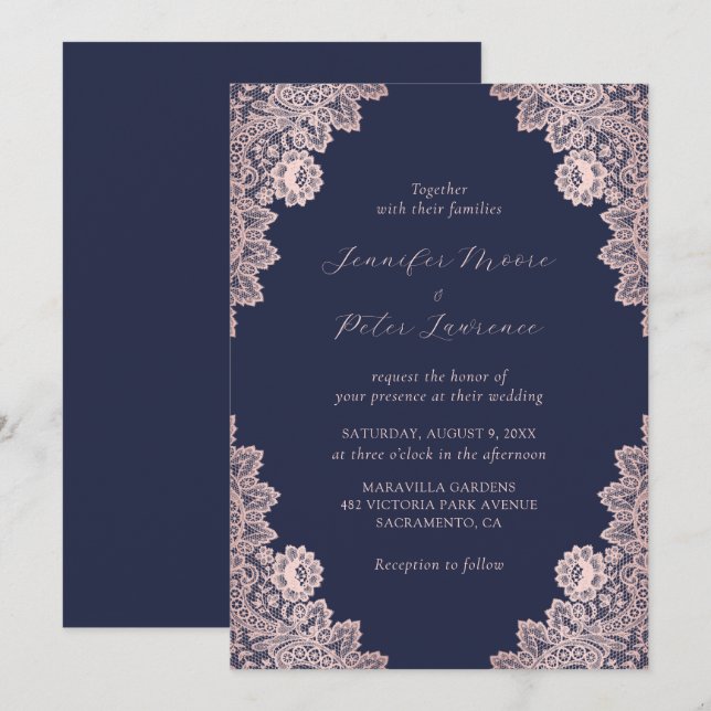 Elegant Navy Blue and Rose Gold Wedding Invitation (Front/Back)