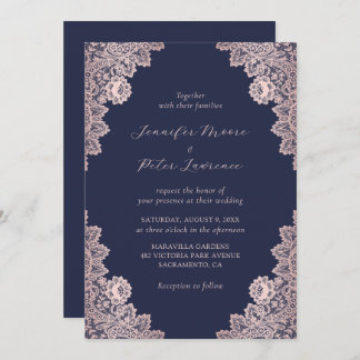 Elegant Navy Blue and Rose Gold Wedding Invitation