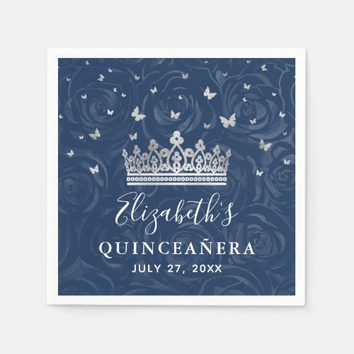 Elegant Navy Blue and Silver Crown Quinceanera Napkins