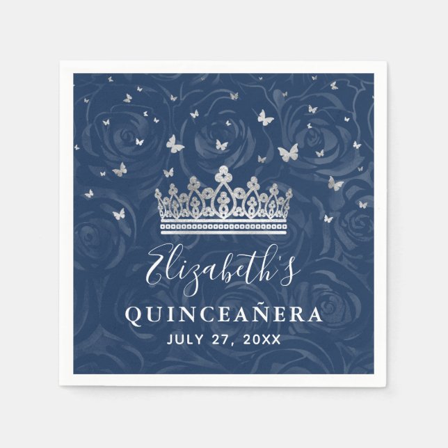 Elegant Navy Blue and Silver Crown Quinceanera Napkins (Front)
