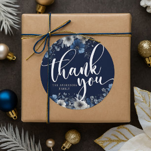 Elegant Navy Blue and Silver Floral Classic Round Sticker