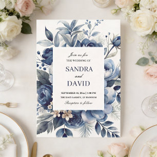 Elegant Navy Blue and Silver Ivory Floral Wedding Invitation