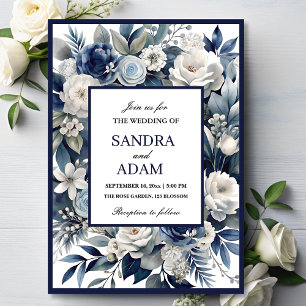 Elegant Navy Blue and Silver Ivory Floral Wedding Invitation