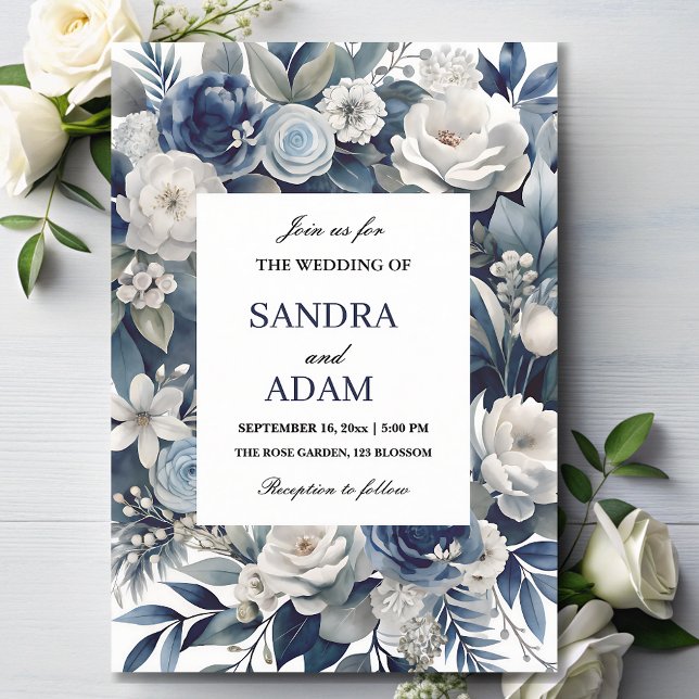 Elegant Navy Blue and Silver  Ivory Floral Wedding Invitation (Creator Uploaded)