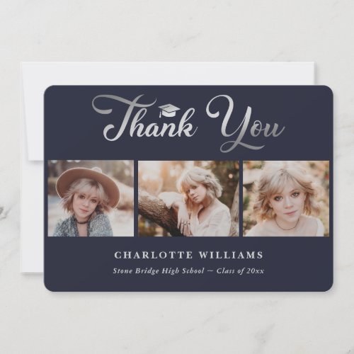 Elegant Navy Blue and Silver Photo Graduation Thank You Card