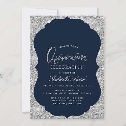 Elegant navy blue and silver Quinceanera Invitation