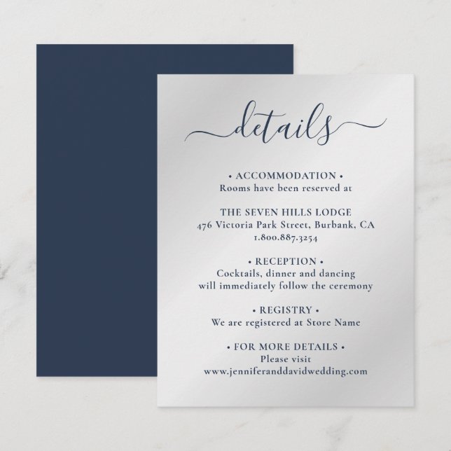 Elegant Navy Blue and Silver Wedding Details Enclosure Card (Front/Back)