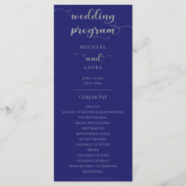 Elegant Navy Blue and Silver Wedding Program (Front)