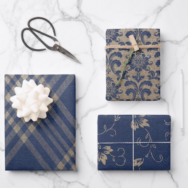 Elegant Navy Blue and Tan Wrapping Paper Sheets (Front)
