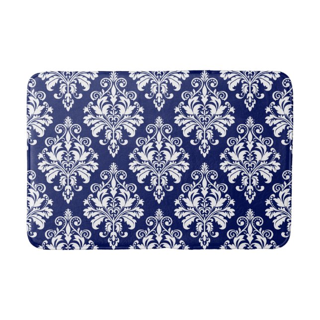 Elegant Navy Blue and White Damask Pattern Bathroom Mat (Front)