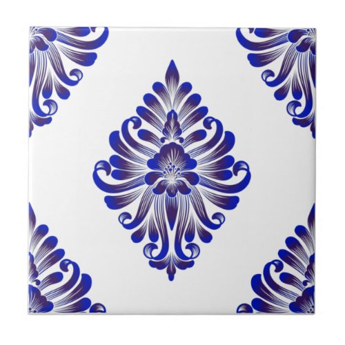 Elegant Navy Blue And White Damask Pattern Ceramic Tile